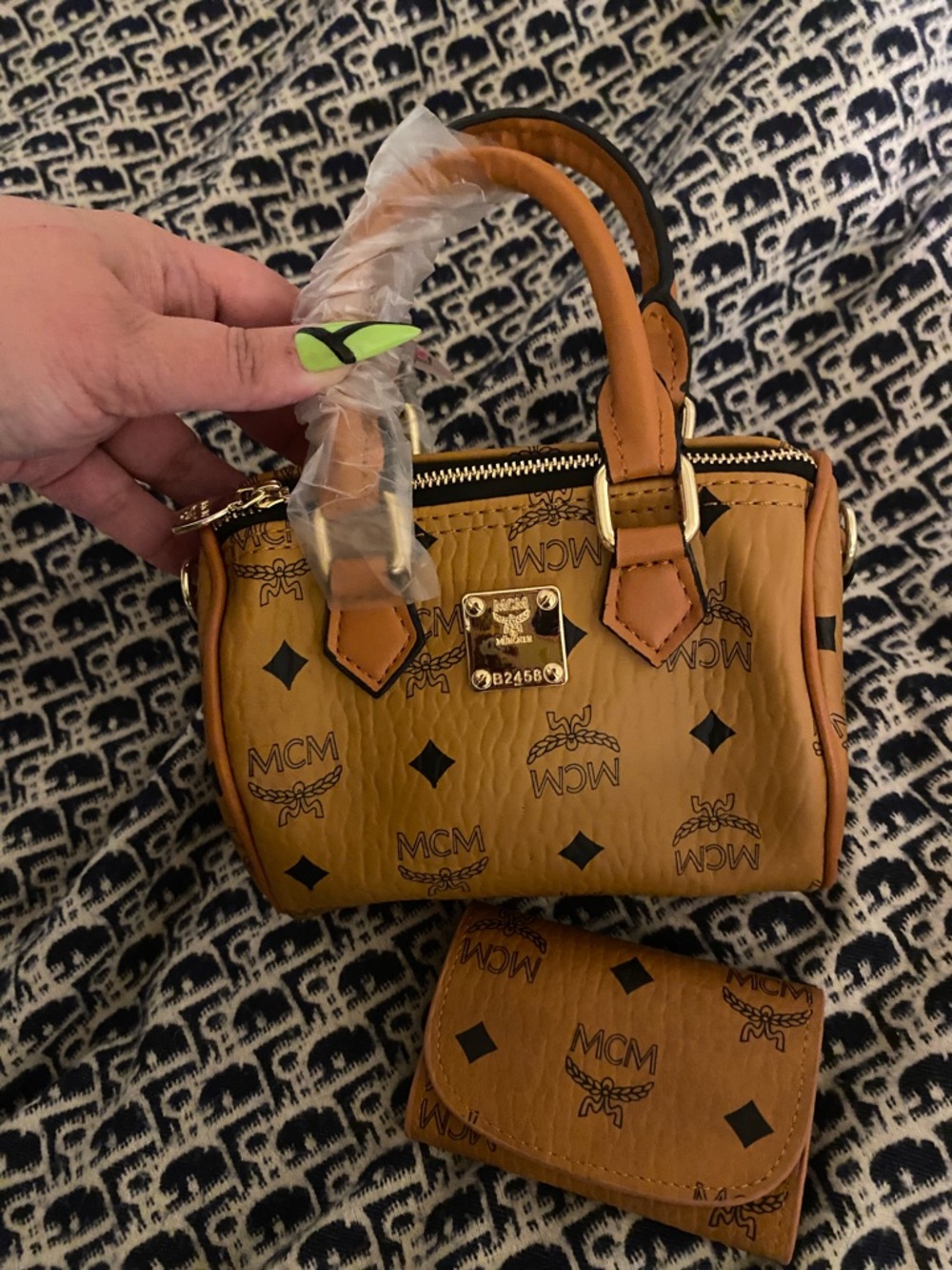 MCM Cognac Visetos Mini Bowling Bag with Matching Wallet